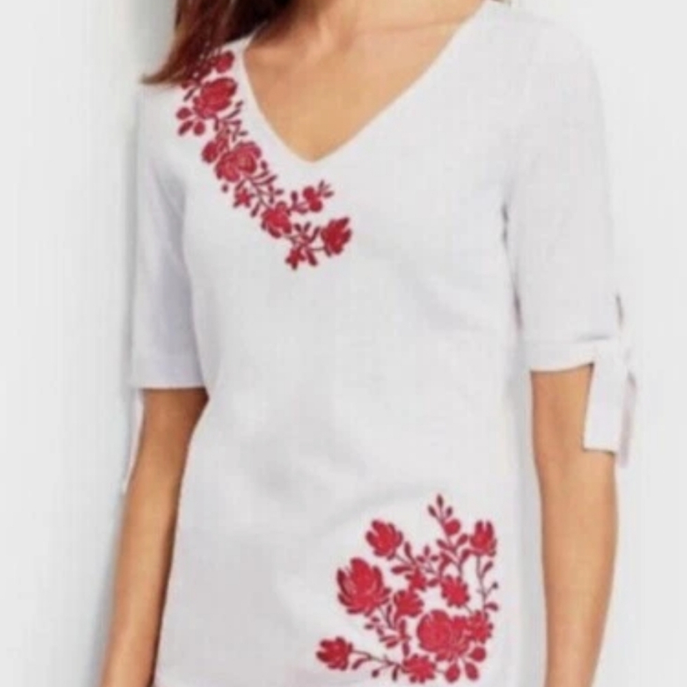 Talbots V Neck Sweater Red Floral Embroidery Tie Sleeve Medium